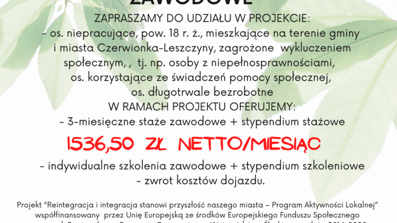 Płatne staże i szkolenia dla bezrobotnych z Czerwionki-Leszczyn